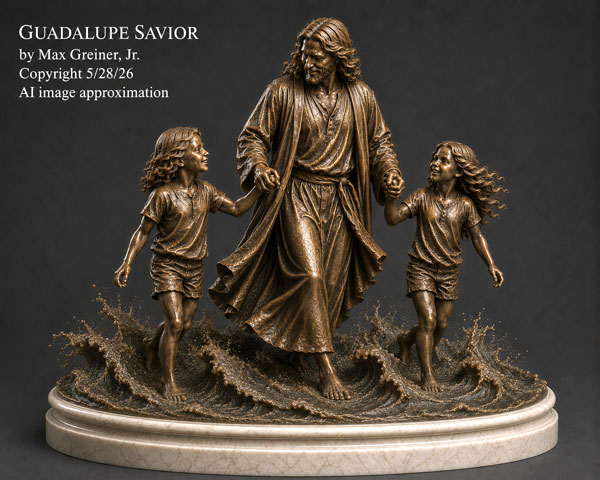 Jesus walking on the water with two smiling little girls who are being escorted into heaven