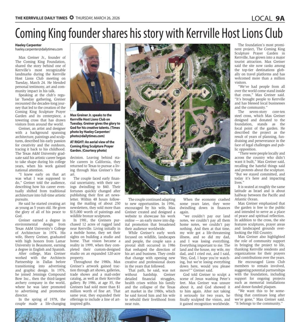 Kerrville Daily Times ArticleKerrville Daily Times (March 26, 2025) “Coming King Founder Shares His Story”