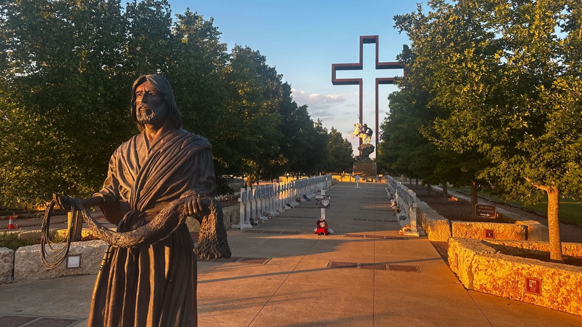 Fisher Of Men Sculpture with memorial Crosses Behind